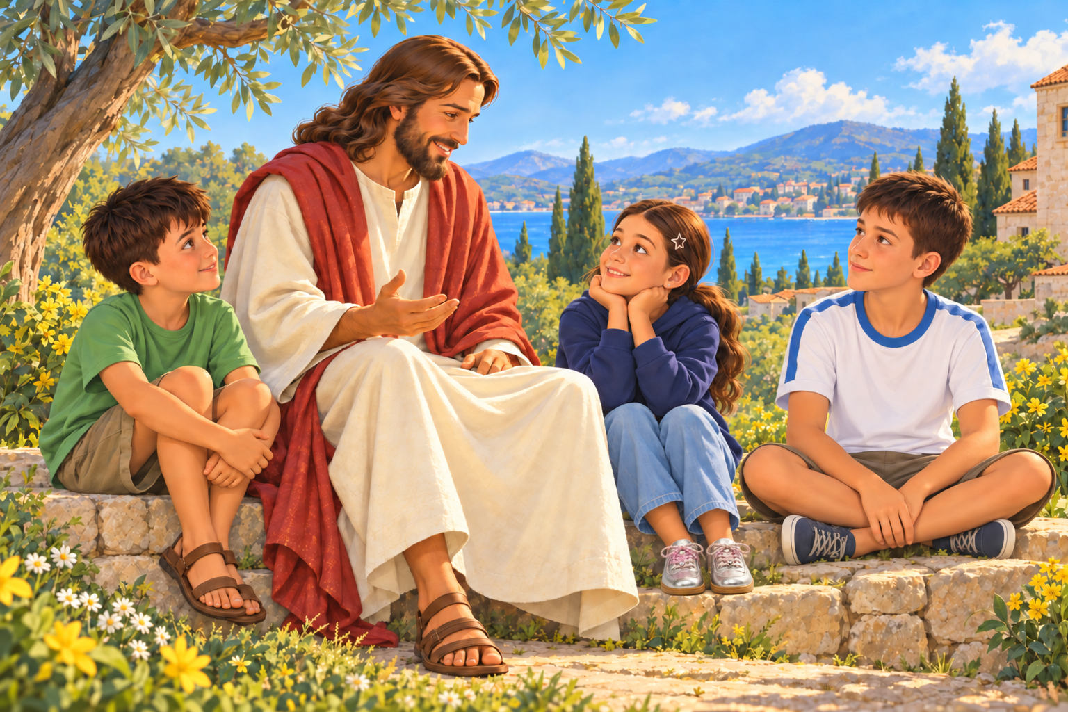 Jesús sentado bajo un olivo con un niño, una niña y un adolescente que lo miran con amor y adoración